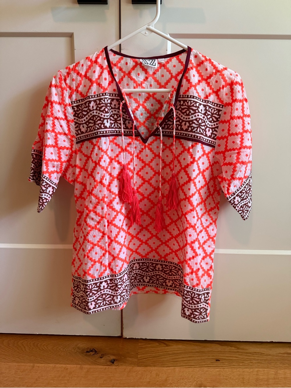 SZ Blockprint Neon Orange & White Tassel  Top with Brown Trim